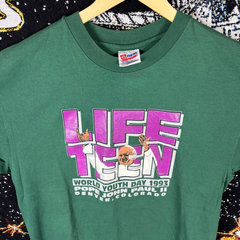 Vintage 1993 World Youth Day Pope John Paul II Denver T-Shirt Hanes XL Green